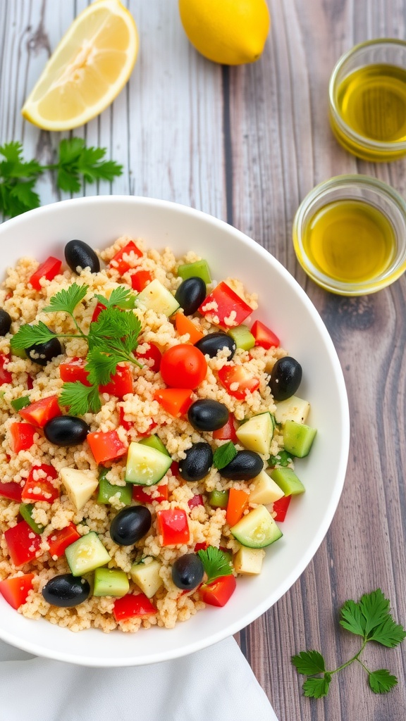A vibrant Mediterranean couscous salad with tomatoes, cucumbers, bell peppers, and olives in a white bowl, garnished with parsley.